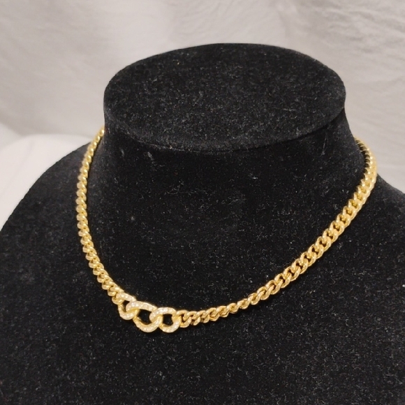 SALE! Auth Christian Dior Gold Rhinestone Choker Necklace Chunky Curb Chain/Box - Picture 6 of 11